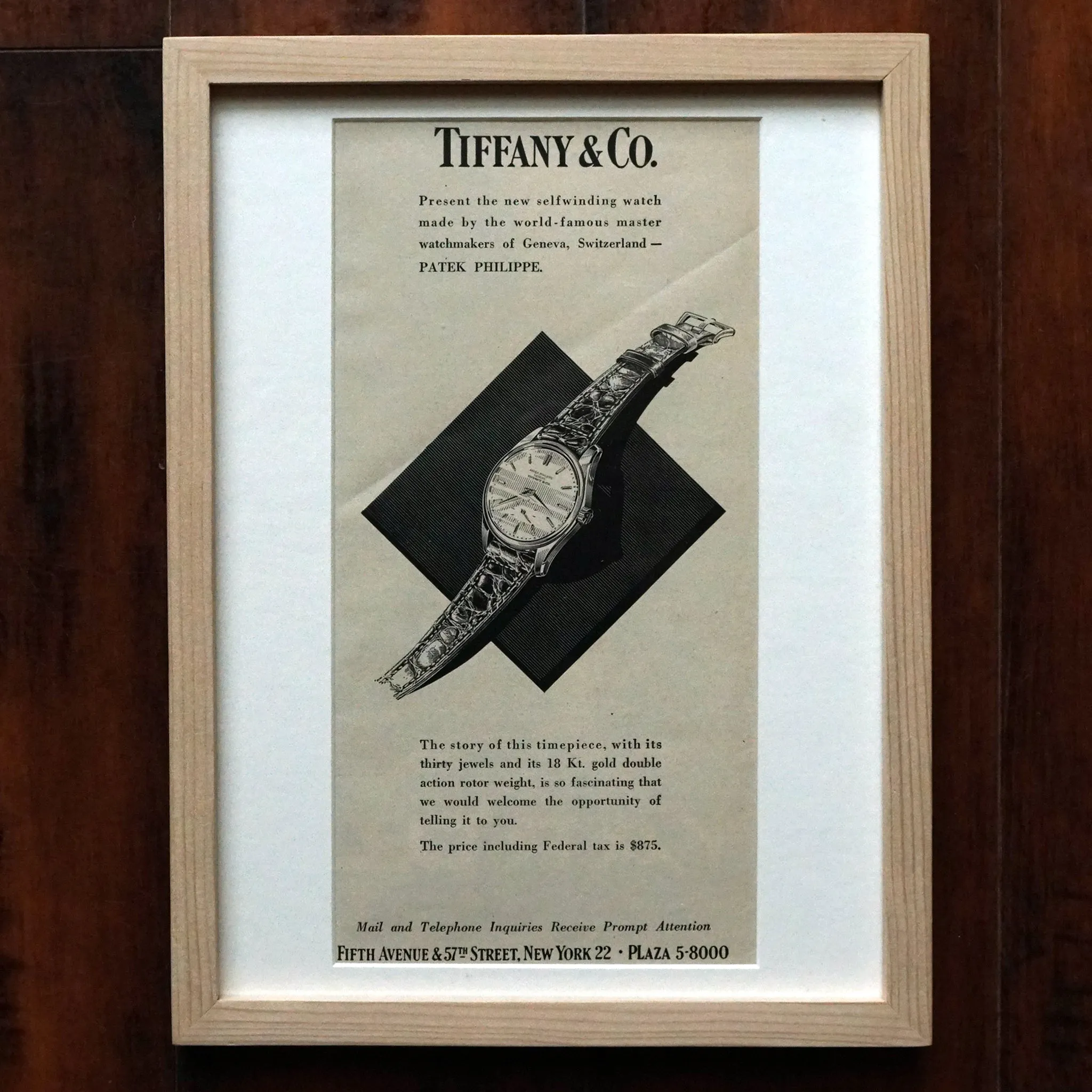 1950s PATEK PHILIPPE TIFFANY REF.2526 VINTAGE AD PRINT WOOD FRAME