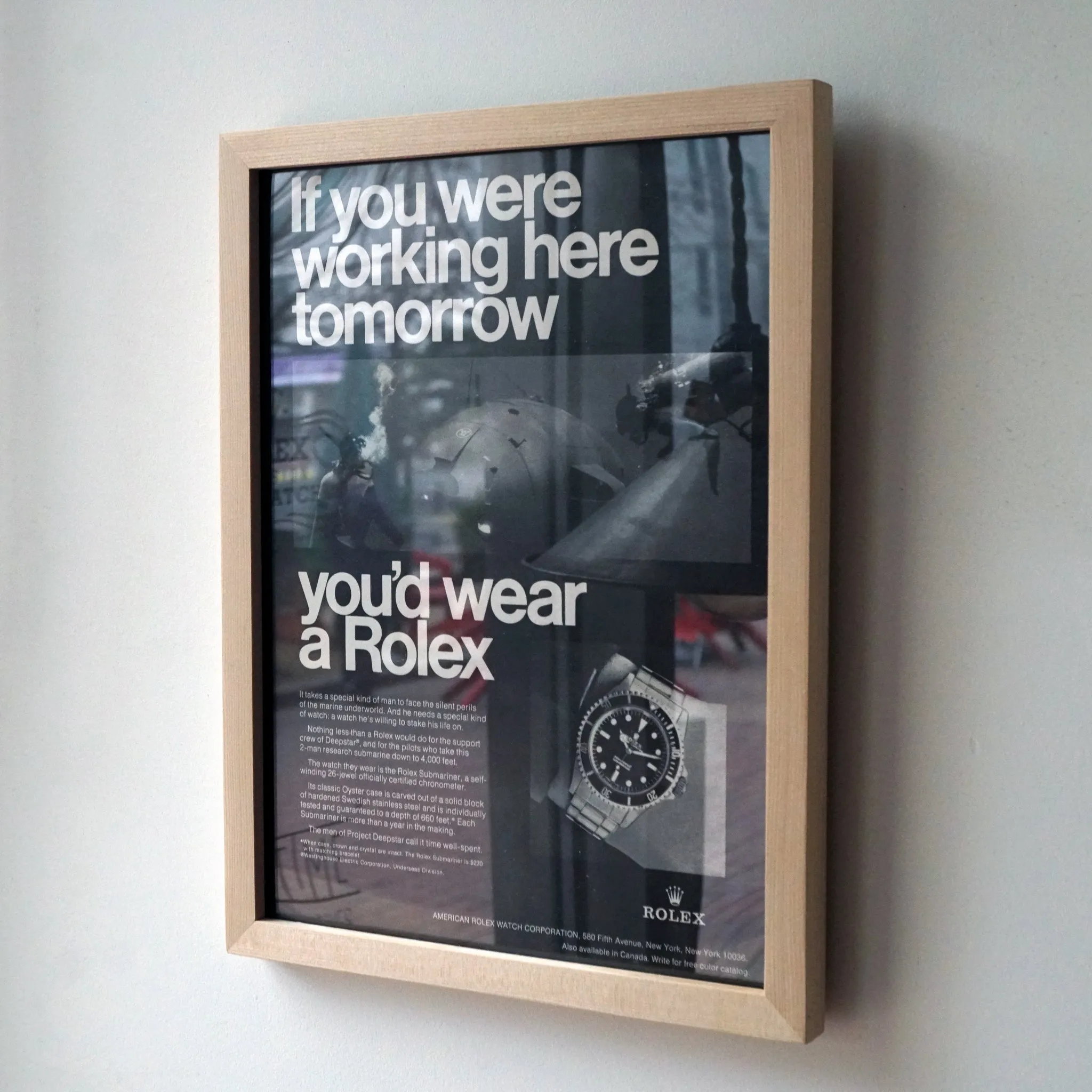 1960s ROLEX SUBMARINER 5513 GILT AGE VINTAGE AD PRINT WOOD FRAME