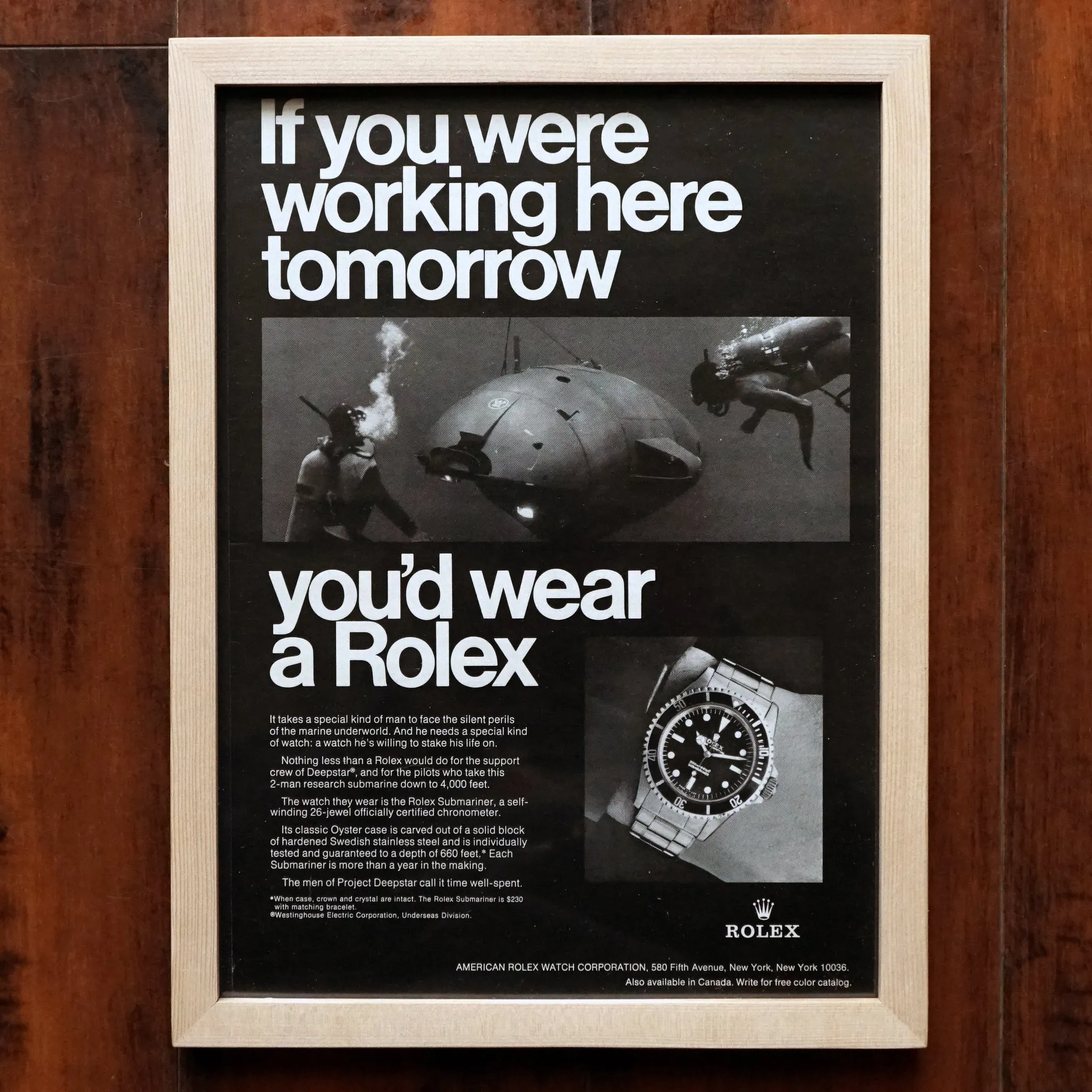 1960s ROLEX SUBMARINER 5513 GILT AGE VINTAGE AD PRINT WOOD FRAME