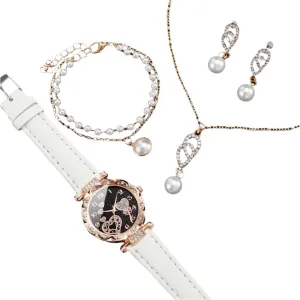 4 Piece Rhinestone Watch Pearl Jewelry Set for Mom
