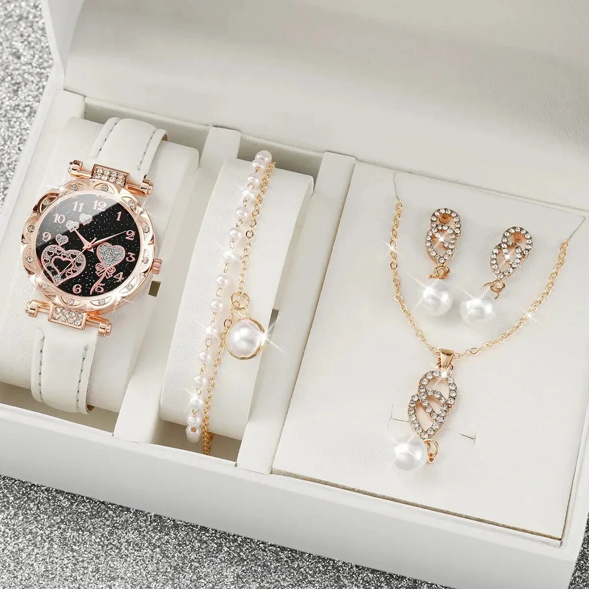 4 Piece Rhinestone Watch Pearl Jewelry Set for Mom
