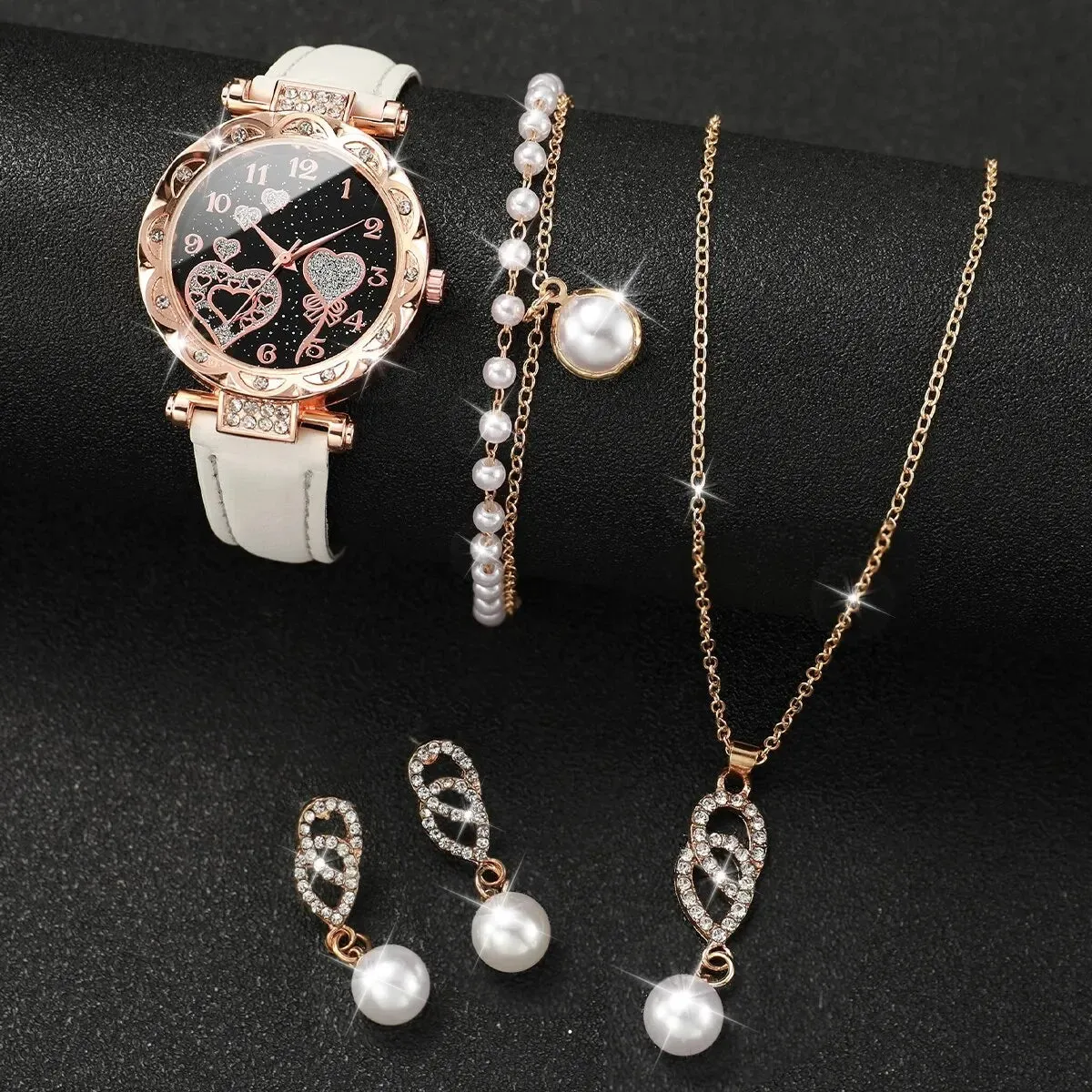 4 Piece Rhinestone Watch Pearl Jewelry Set for Mom