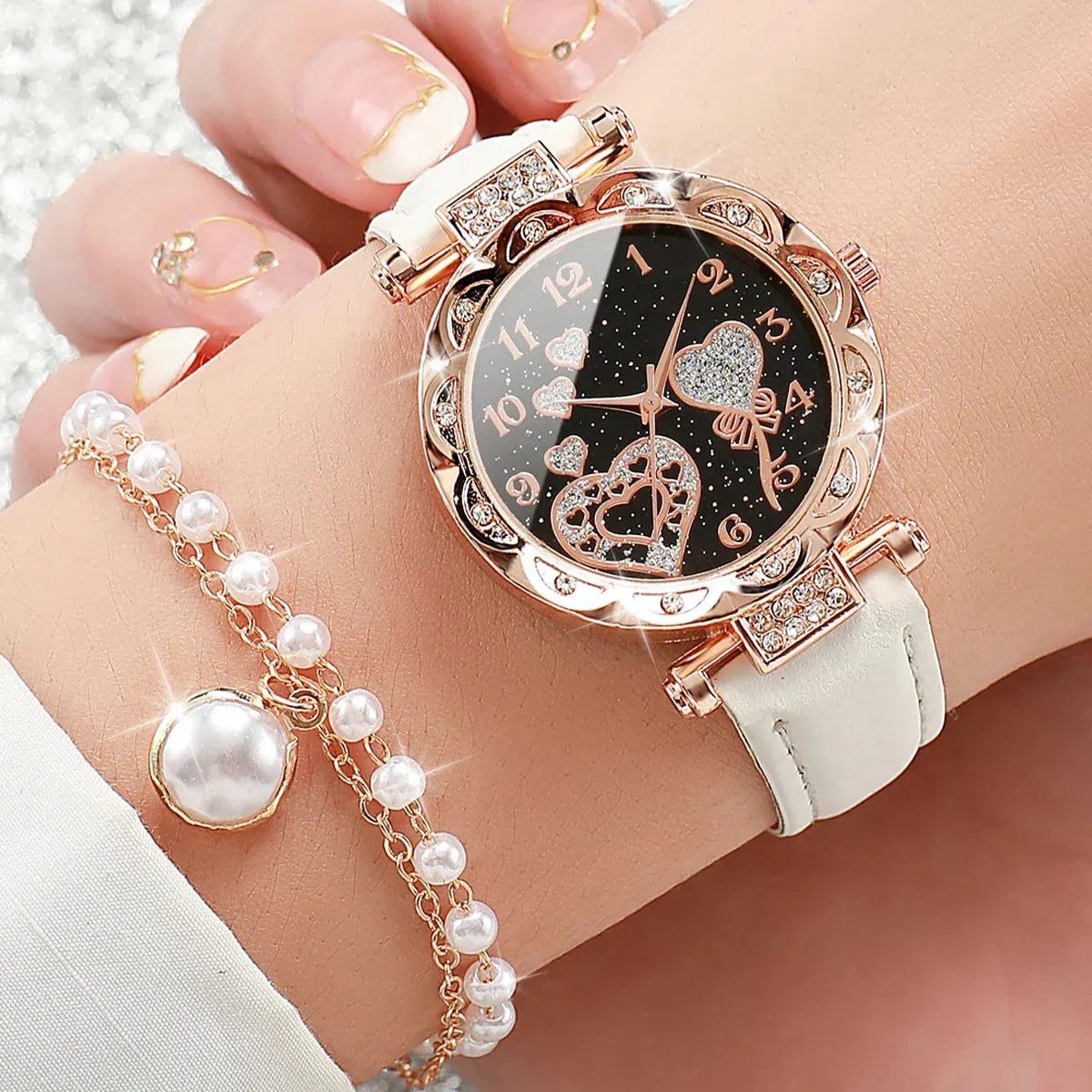 4 Piece Rhinestone Watch Pearl Jewelry Set for Mom