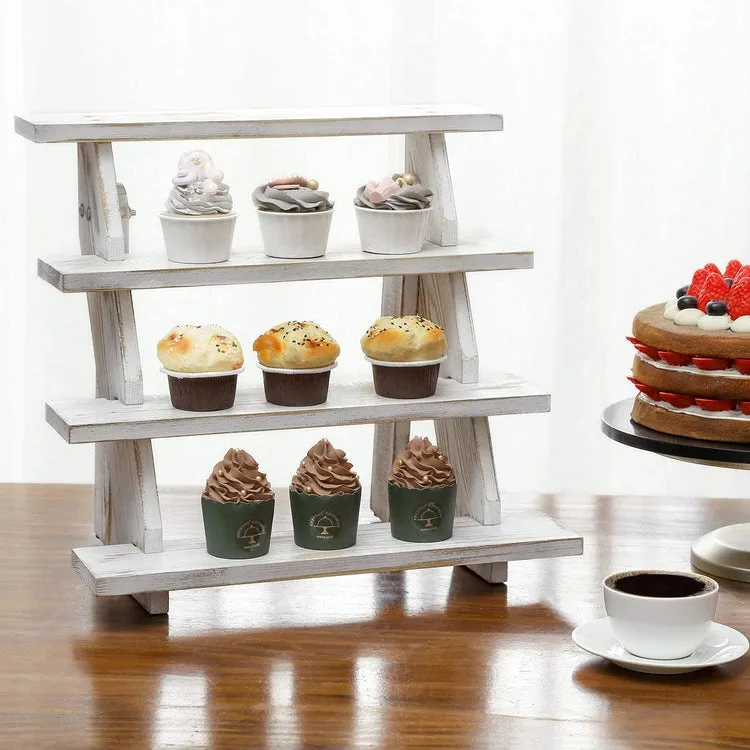 4 Tier Cascading Whitewashed Wood Retail Stair Shelf Display Riser or Cupcake Dessert Stand