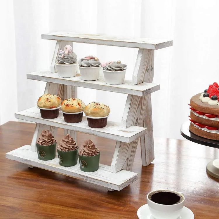 4 Tier Cascading Whitewashed Wood Retail Stair Shelf Display Riser or Cupcake Dessert Stand