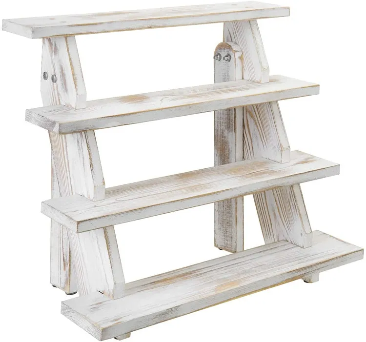 4 Tier Cascading Whitewashed Wood Retail Stair Shelf Display Riser or Cupcake Dessert Stand