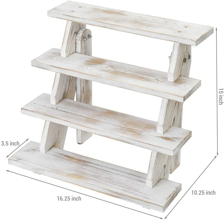 4 Tier Cascading Whitewashed Wood Retail Stair Shelf Display Riser or Cupcake Dessert Stand