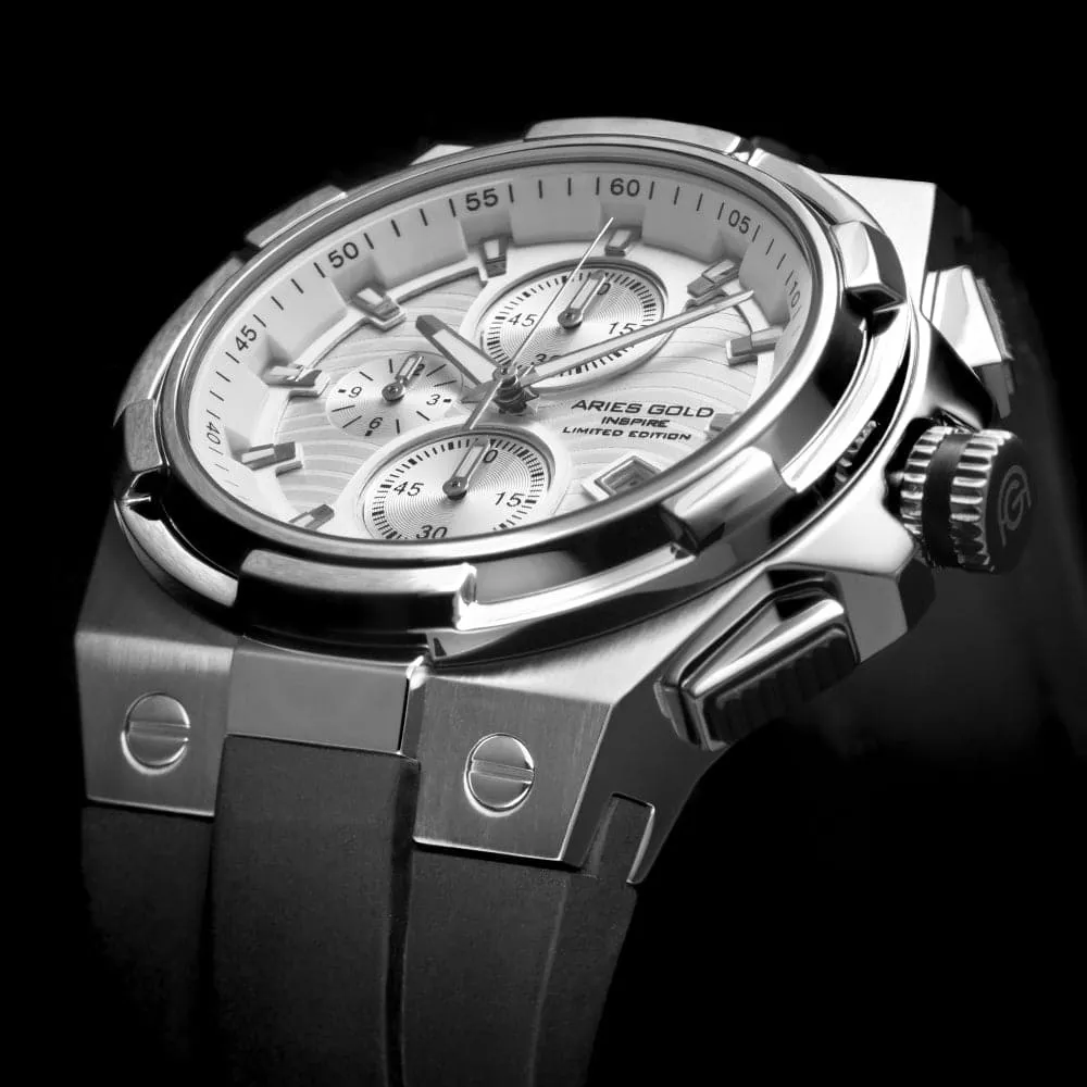 ARIES GOLD KING SILVER STAINLESS STEEL G 7311 S-S HI-TECH BLACK SYNTHETIC STRAP MEN'S WATCH