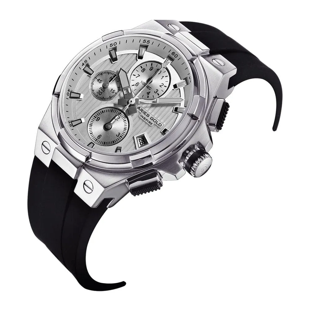 ARIES GOLD KING SILVER STAINLESS STEEL G 7311 S-S HI-TECH BLACK SYNTHETIC STRAP MEN'S WATCH