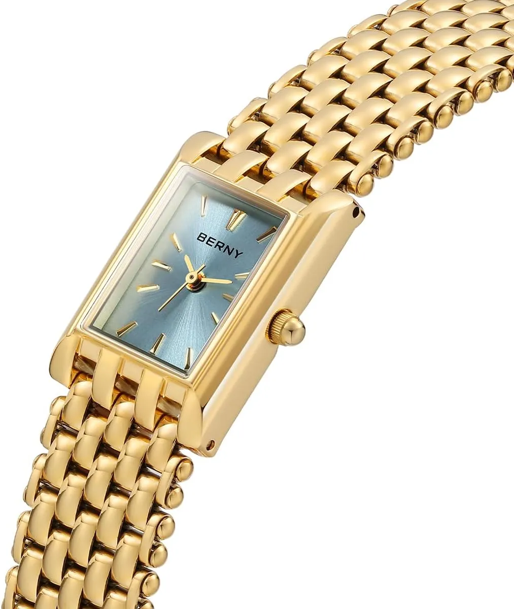 BERNY Dainty Gold Watch for Women, Rectangular Women's Wrist Watch, Small Fashion Ladies Bracelet - All Stainless Steel, Waterproof, Sun-ray Dial, Luxury Birthday Present