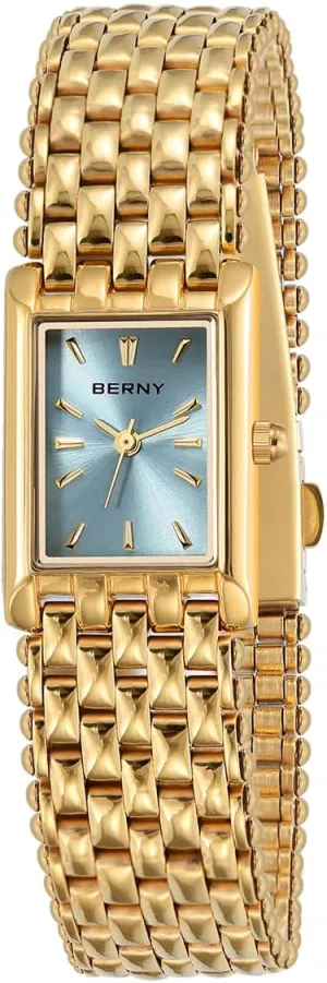 BERNY Dainty Gold Watch for Women, Rectangular Women's Wrist Watch, Small Fashion Ladies Bracelet - All Stainless Steel, Waterproof, Sun-ray Dial, Luxury Birthday Present