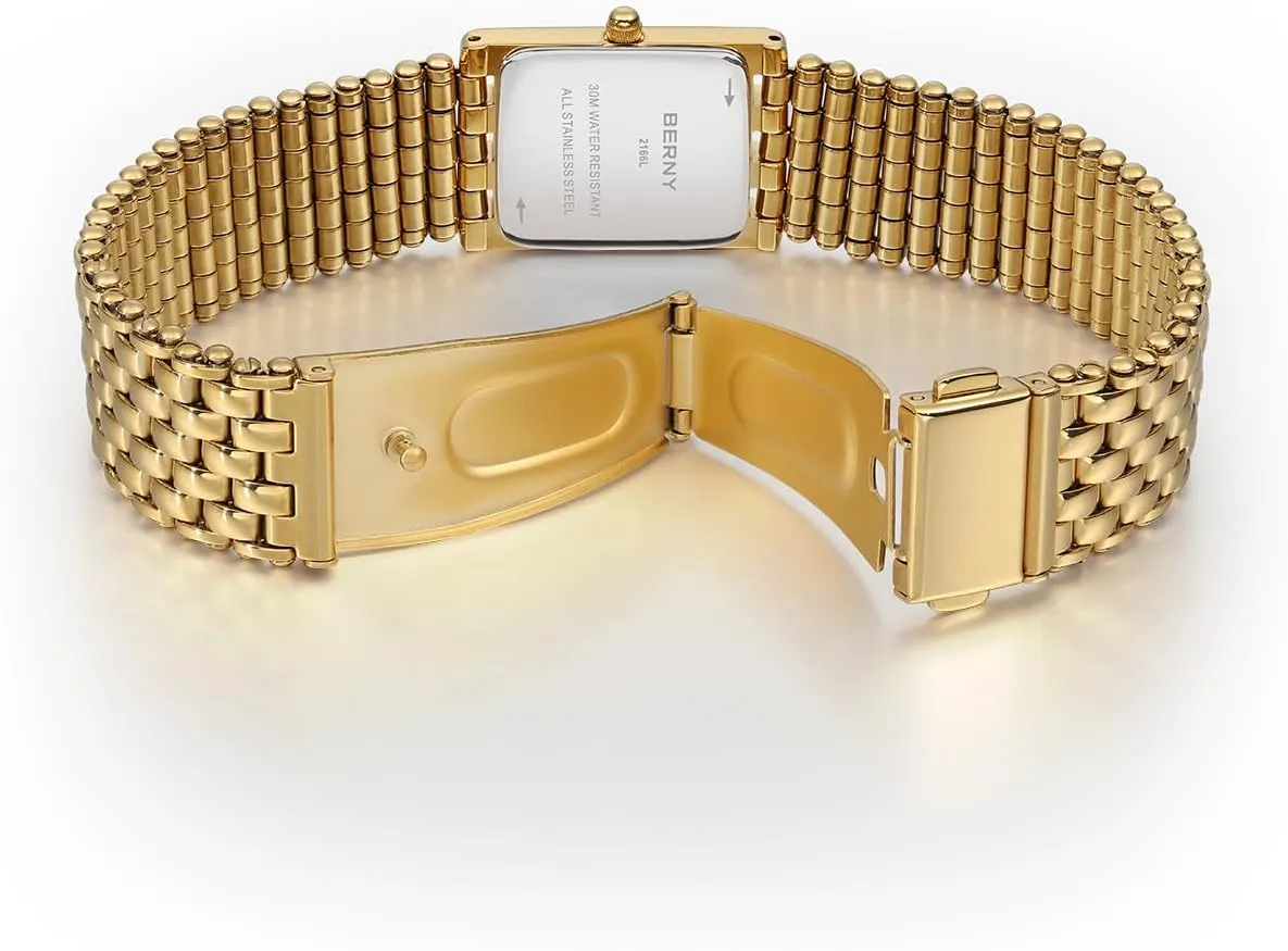 BERNY Dainty Gold Watch for Women, Rectangular Women's Wrist Watch, Small Fashion Ladies Bracelet - All Stainless Steel, Waterproof, Sun-ray Dial, Luxury Birthday Present