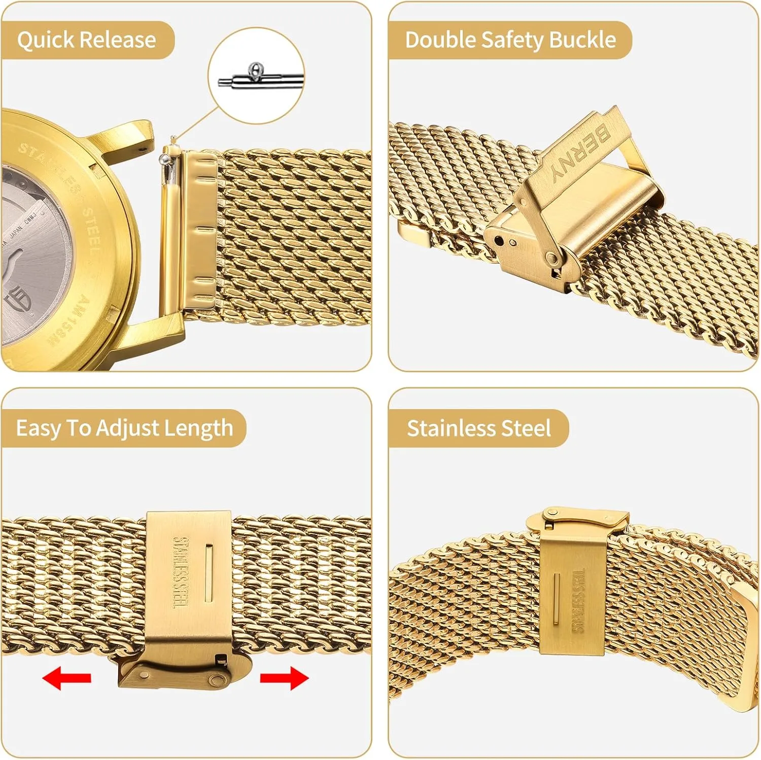BERNY Stainless Steel Mesh Watch Band for Men Women, Quick Release Adjustable Milanese Watch Straps, Solid Metal Watch Bracelet with Double Safety Clasp Gold Blue