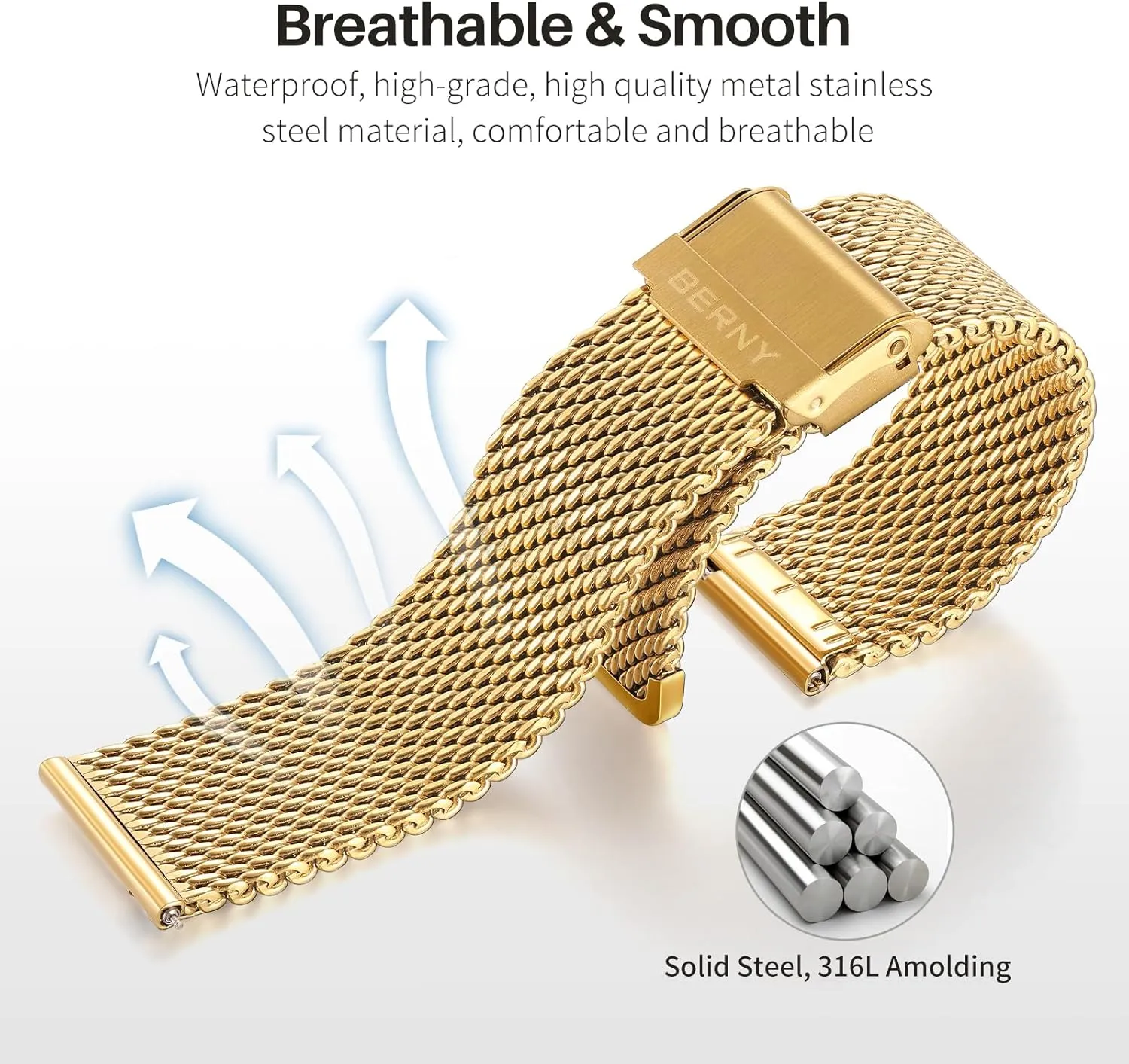 BERNY Stainless Steel Mesh Watch Band for Men Women, Quick Release Adjustable Milanese Watch Straps, Solid Metal Watch Bracelet with Double Safety Clasp Gold Blue