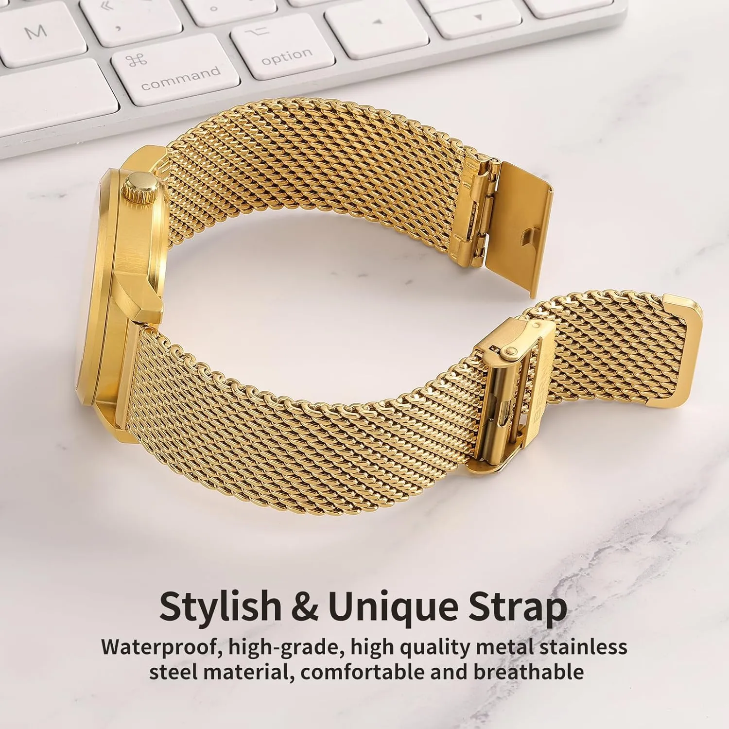 BERNY Stainless Steel Mesh Watch Band for Men Women, Quick Release Adjustable Milanese Watch Straps, Solid Metal Watch Bracelet with Double Safety Clasp Gold Blue