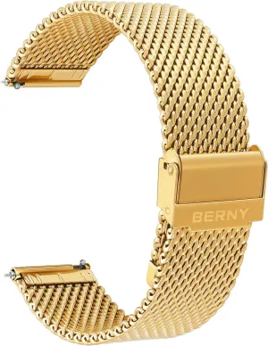 BERNY Stainless Steel Mesh Watch Band for Men Women, Quick Release Adjustable Milanese Watch Straps, Solid Metal Watch Bracelet with Double Safety Clasp Gold Blue