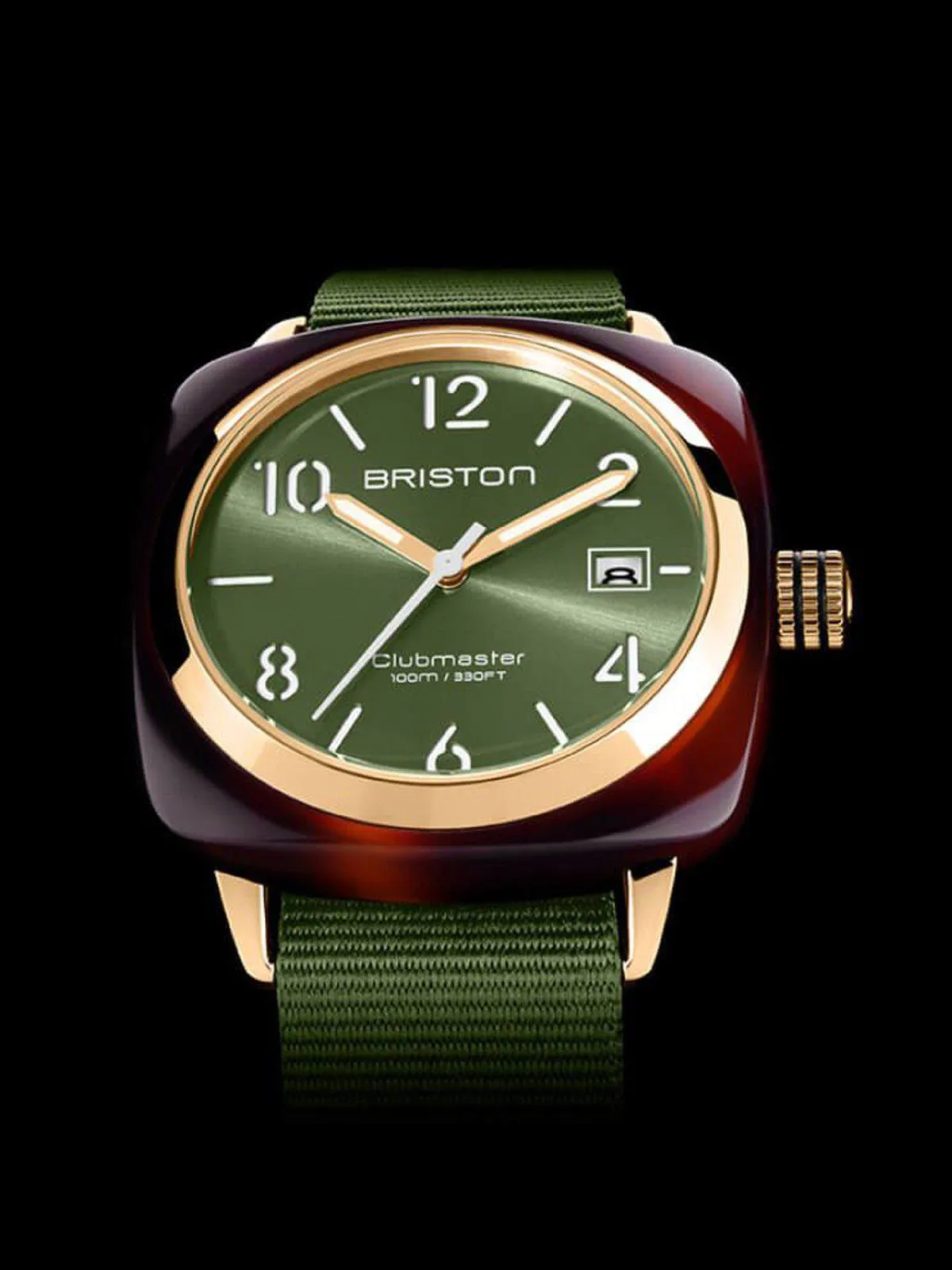 Briston Clubmaster Classic Acetate HMS Gold Green Olive Sunray Dial 40mm