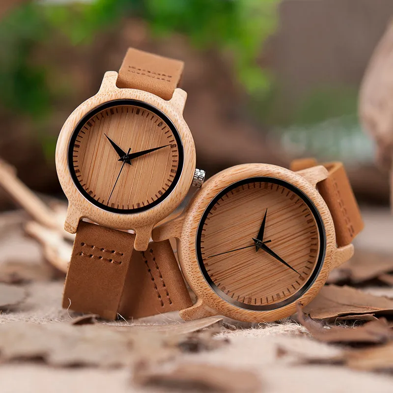 Casual Quartz Watches with Natural Bamboo Watch Face for Lovers