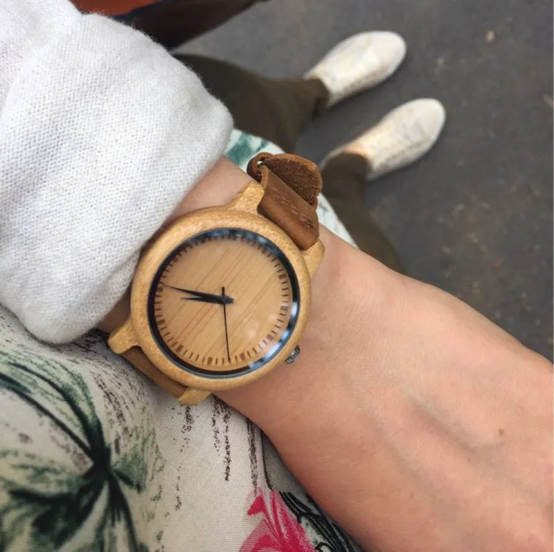 Casual Quartz Watches with Natural Bamboo Watch Face for Lovers