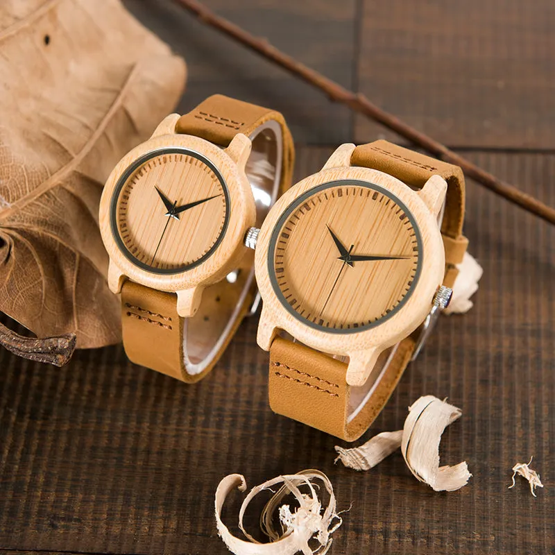Casual Quartz Watches with Natural Bamboo Watch Face for Lovers