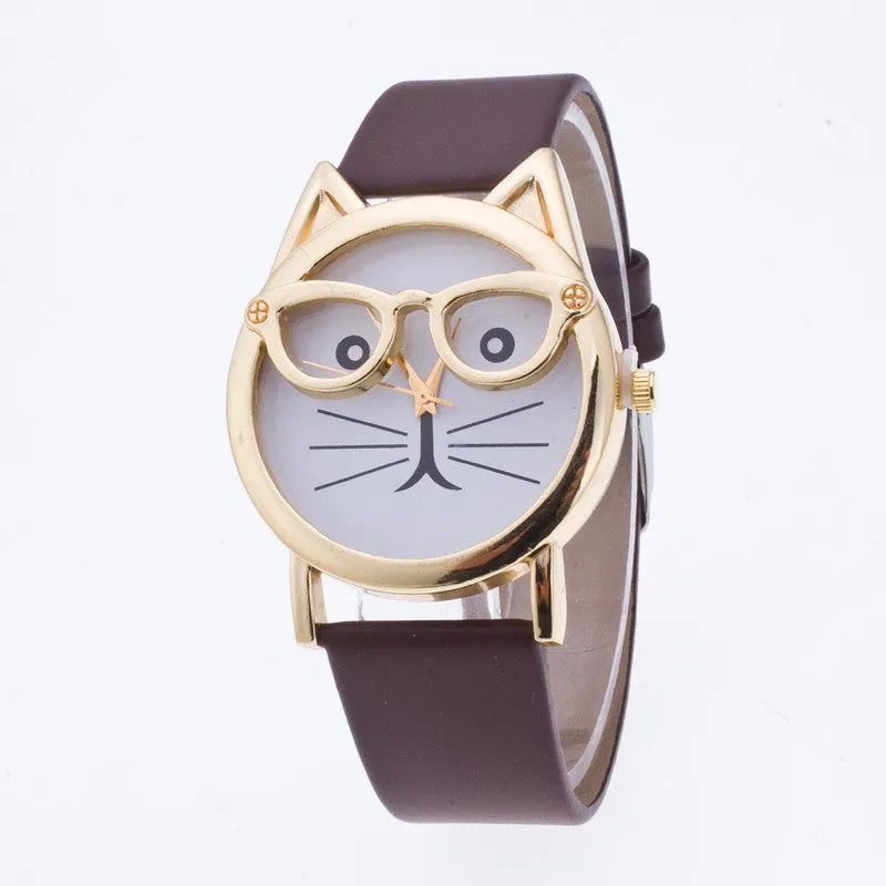 Cute Cartoon Glasses Cat Watch