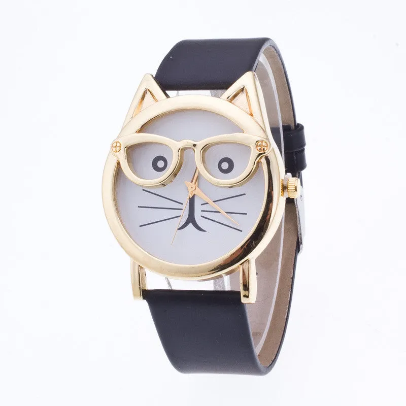 Cute Cartoon Glasses Cat Watch
