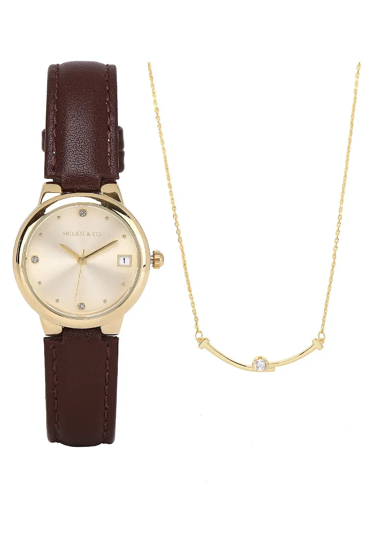 Fae Gold Leather Analog Watches with Necklace Set (Brown)
