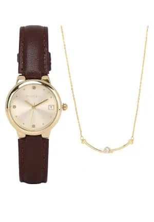 Fae Gold Leather Analog Watches with Necklace Set (Brown)