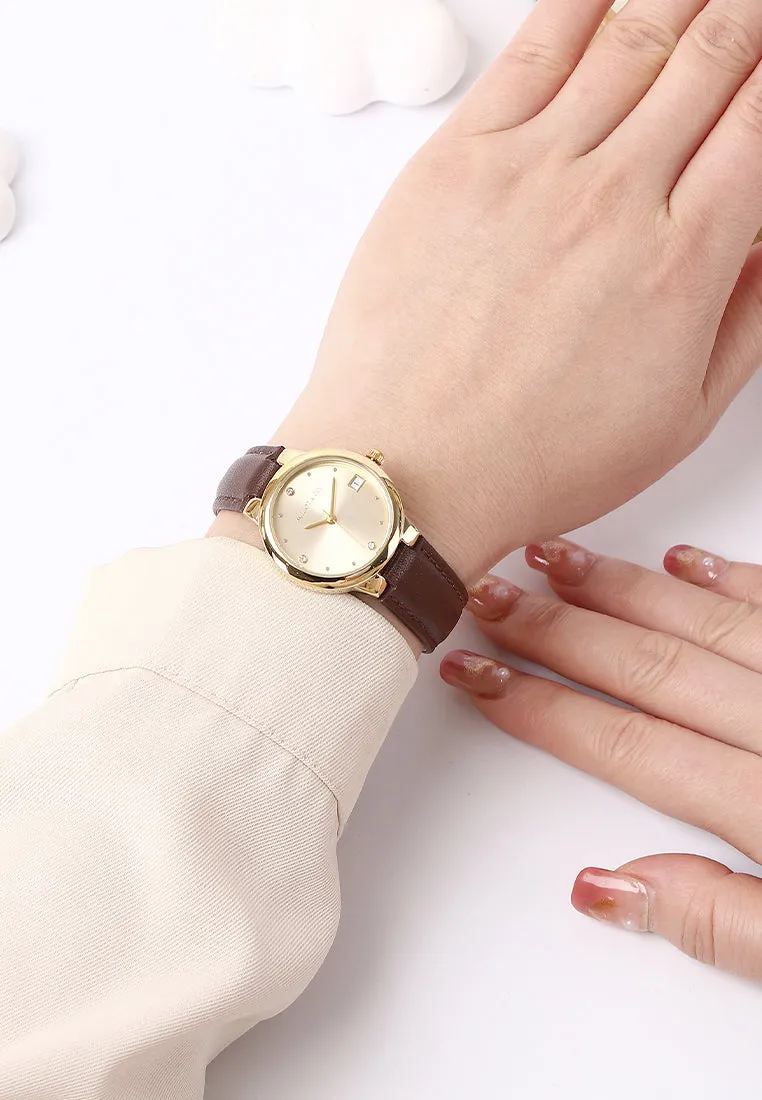 Fae Gold Leather Analog Watches with Necklace Set (Brown)