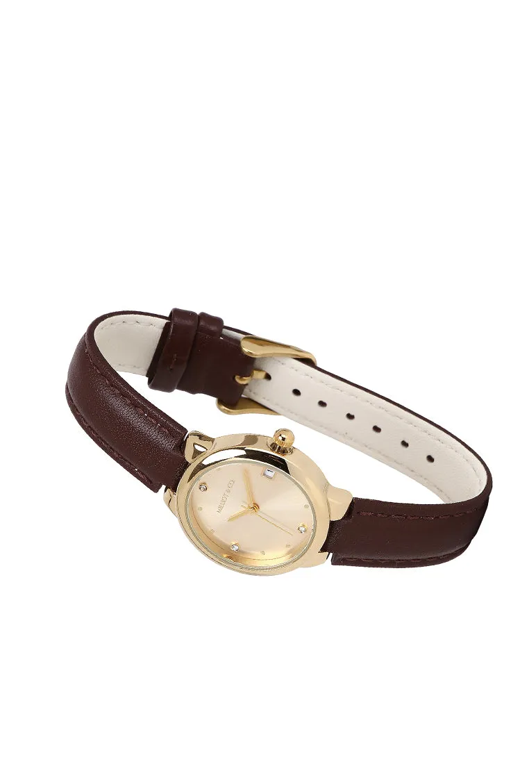 Fae Gold Leather Analog Watches with Necklace Set (Brown)