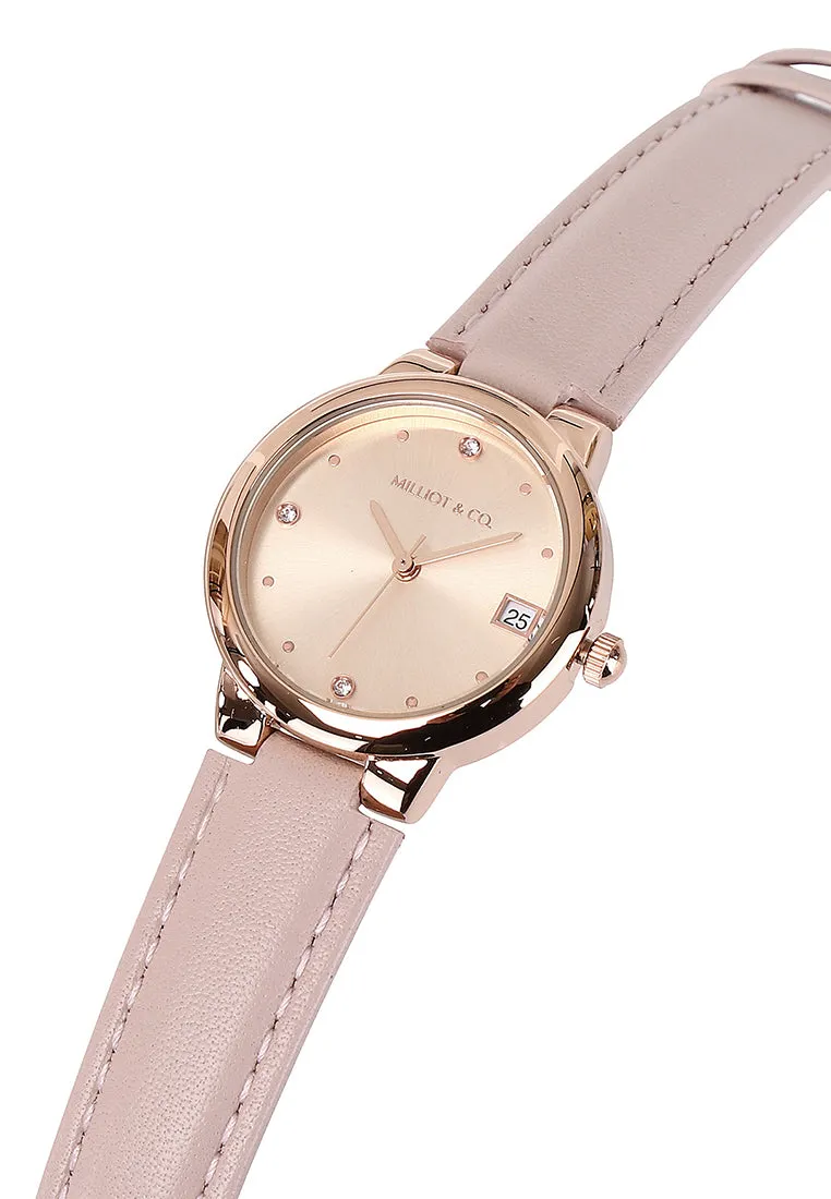 Fae Rose Gold Leather Analog Watches with Necklace Set (Pink)