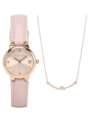 Fae Rose Gold Leather Analog Watches with Necklace Set (Pink)