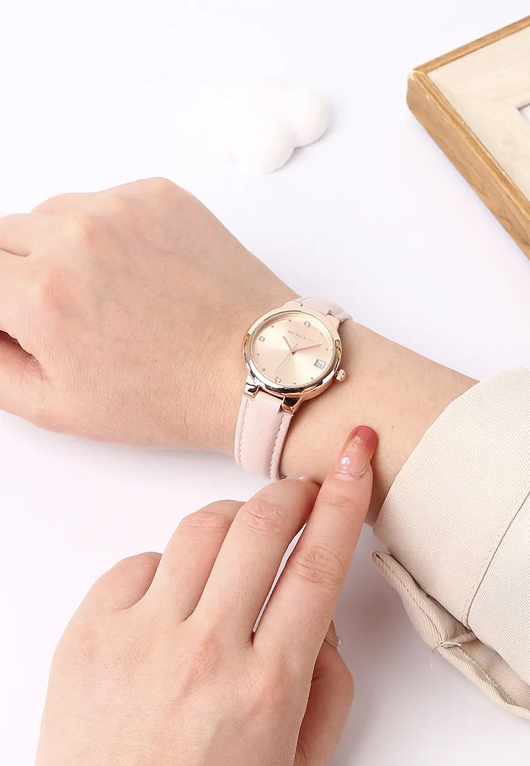 Fae Rose Gold Leather Analog Watches with Necklace Set (Pink)