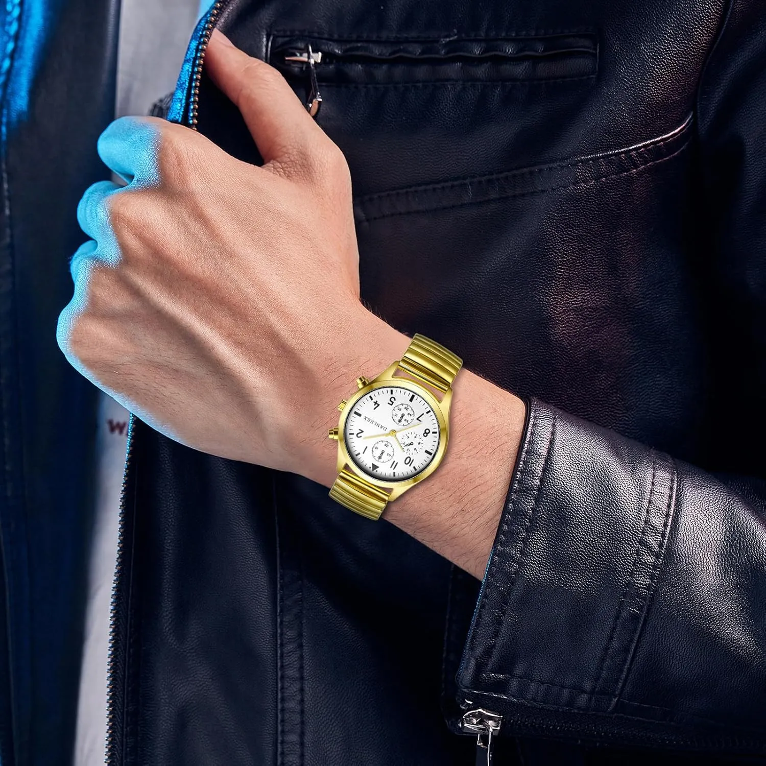 JewelryWe Mens Ultra Thin Easy Reader Watch with Elastic Strap Golden/Silver Watch