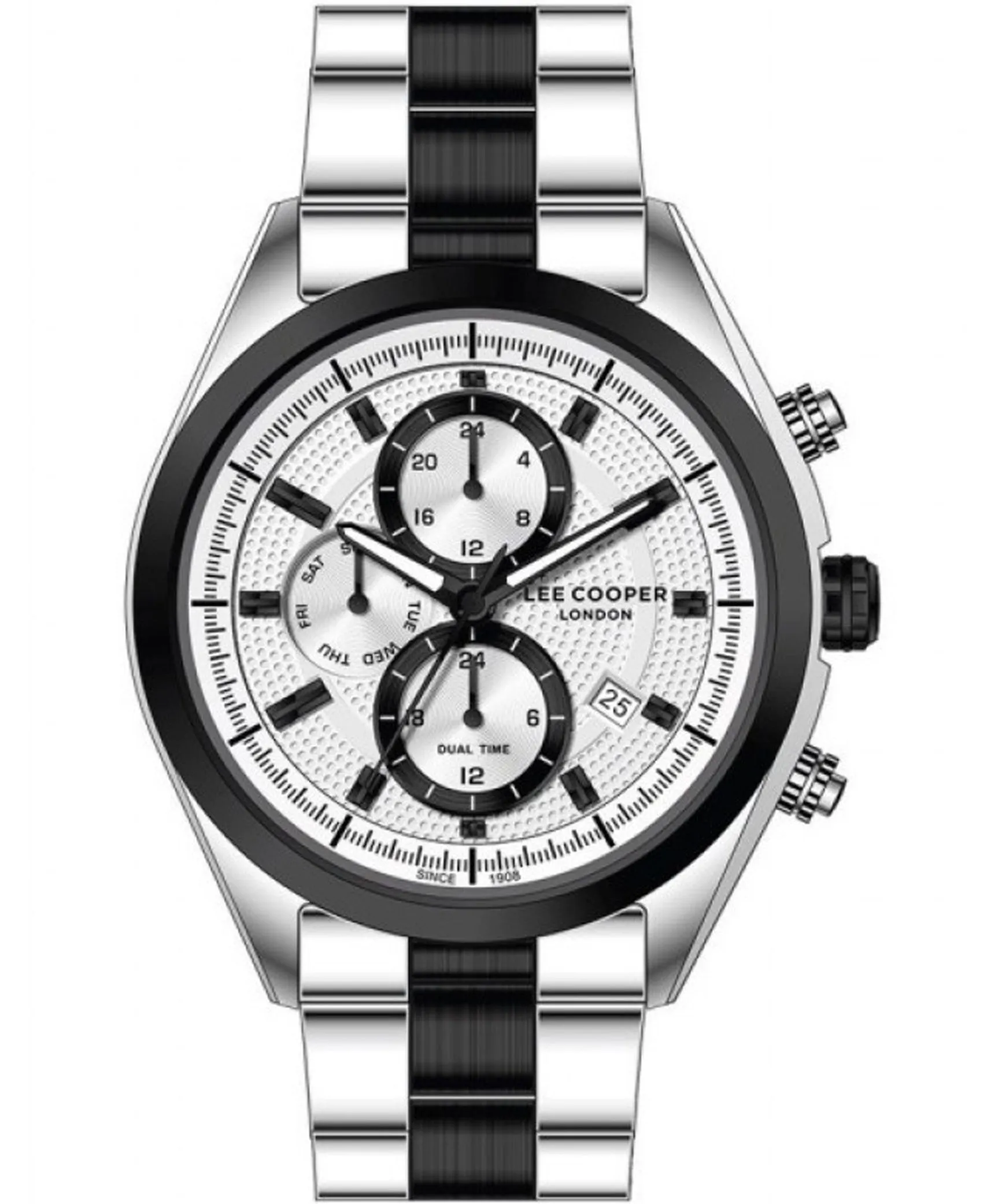 Lee Cooper  Men's Analog Watch, Silver Dial, Silver & Black Stainless Steel Strap, LC07399.330