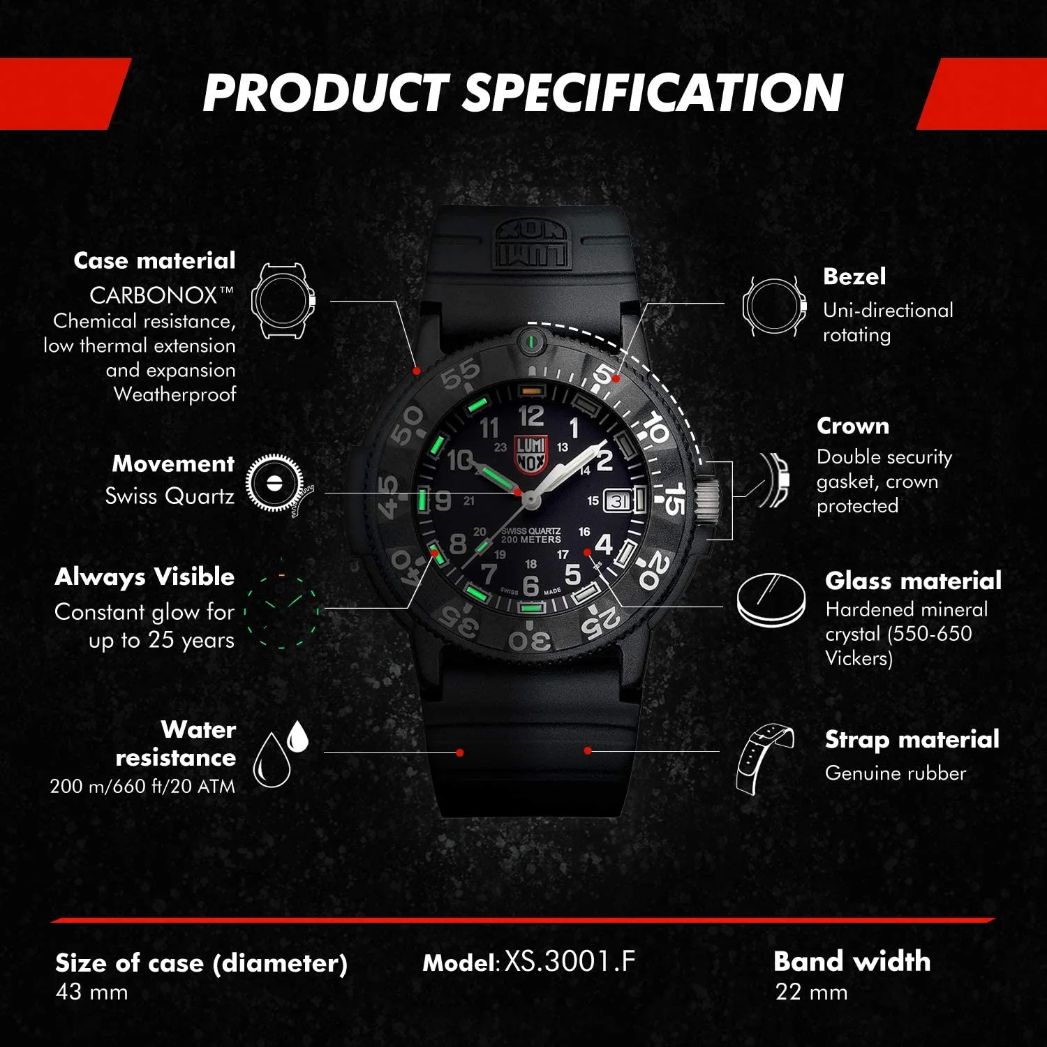Luminox Men's Navy Seal 3000 EVO Series 43mm Analog Black Old Radium Dive Watch
