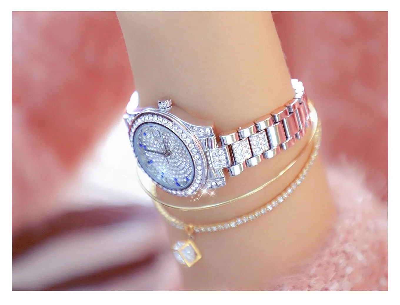 Luxury Women's Crystal Diamonds Decor Stainless Steel Dress Wristwatch