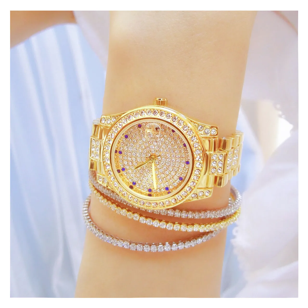 Luxury Women's Crystal Diamonds Decor Stainless Steel Dress Wristwatch