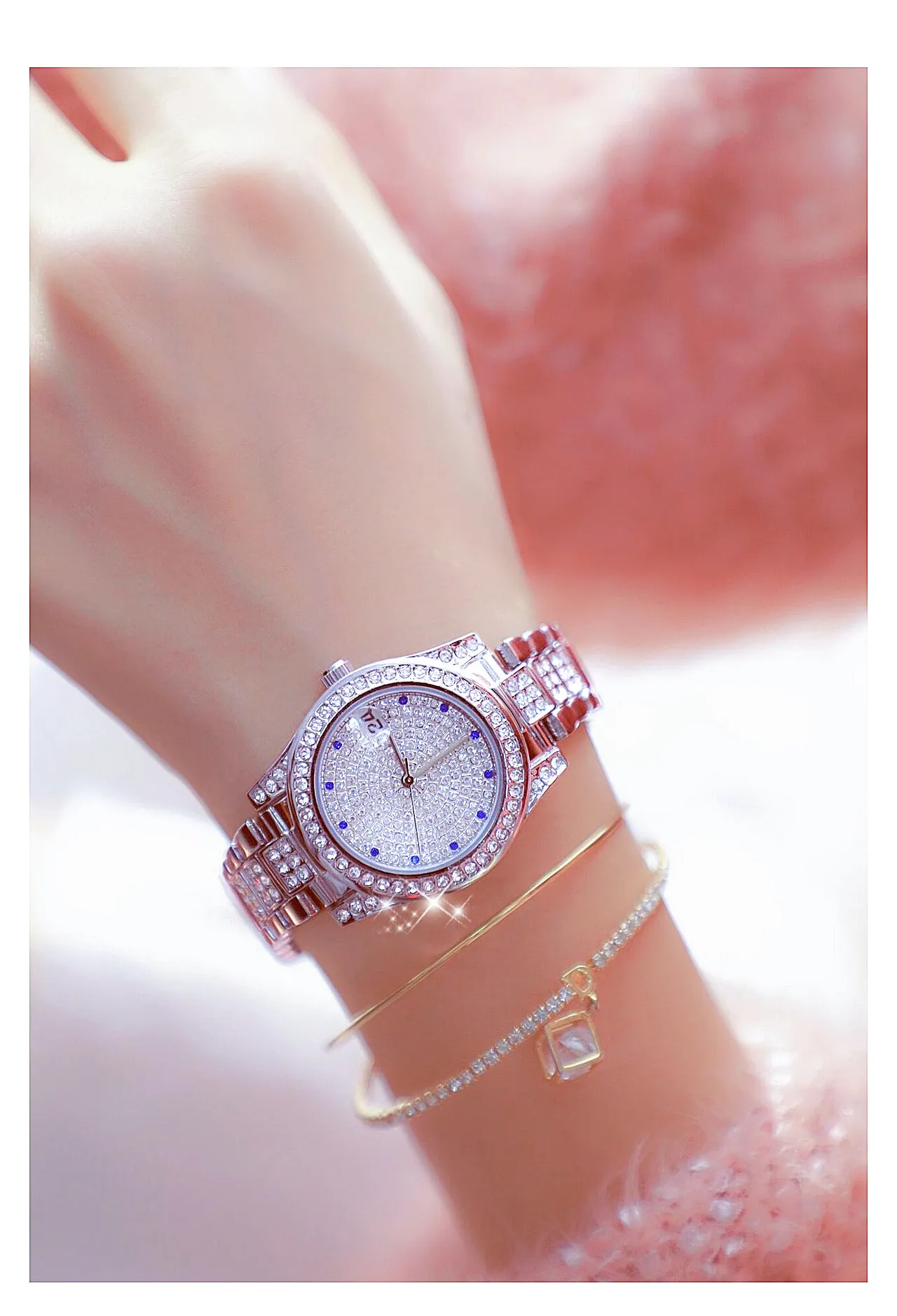 Luxury Women's Crystal Diamonds Decor Stainless Steel Dress Wristwatch
