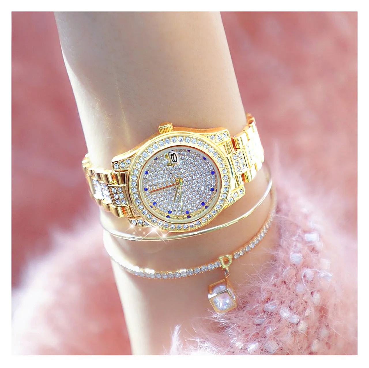 Luxury Women's Crystal Diamonds Decor Stainless Steel Dress Wristwatch