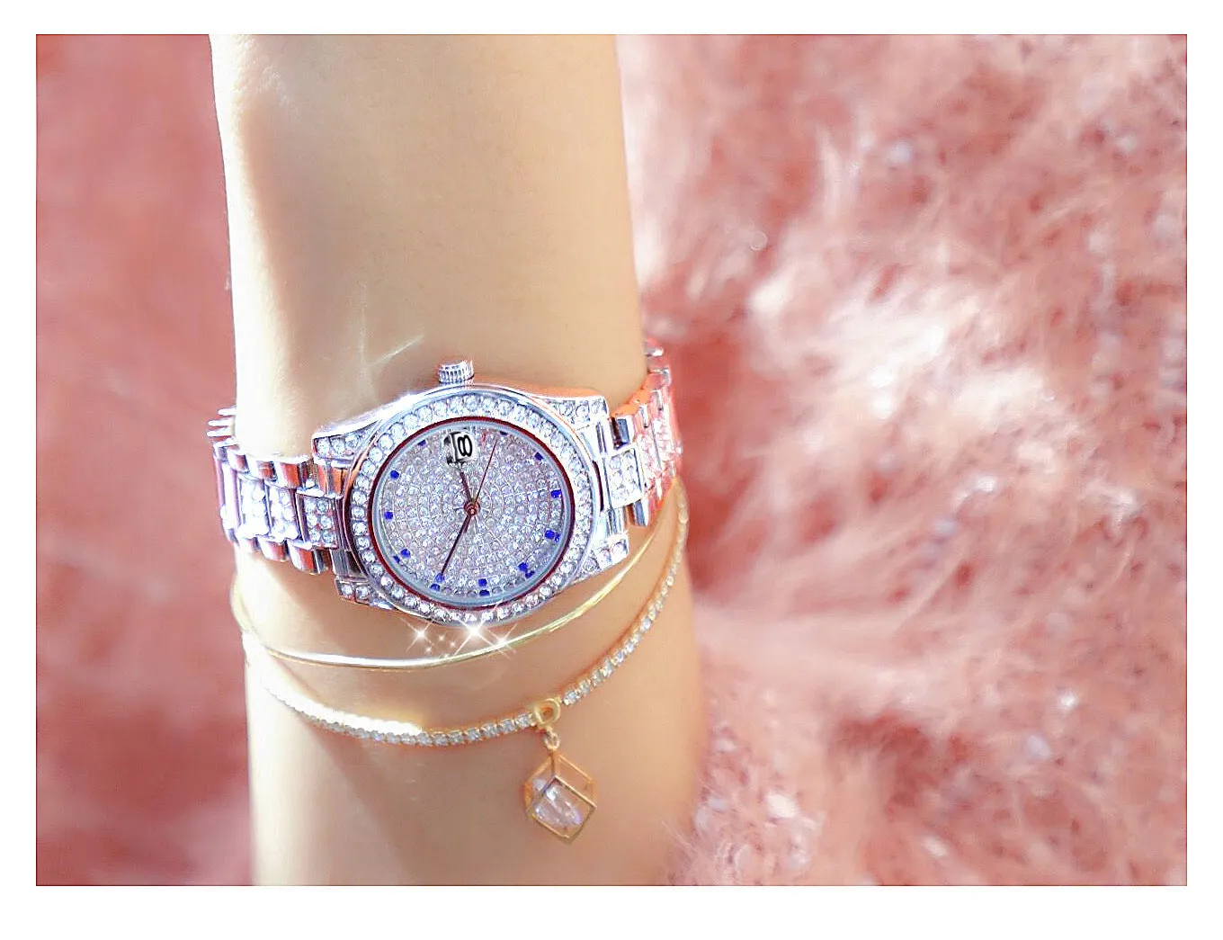 Luxury Women's Crystal Diamonds Decor Stainless Steel Dress Wristwatch