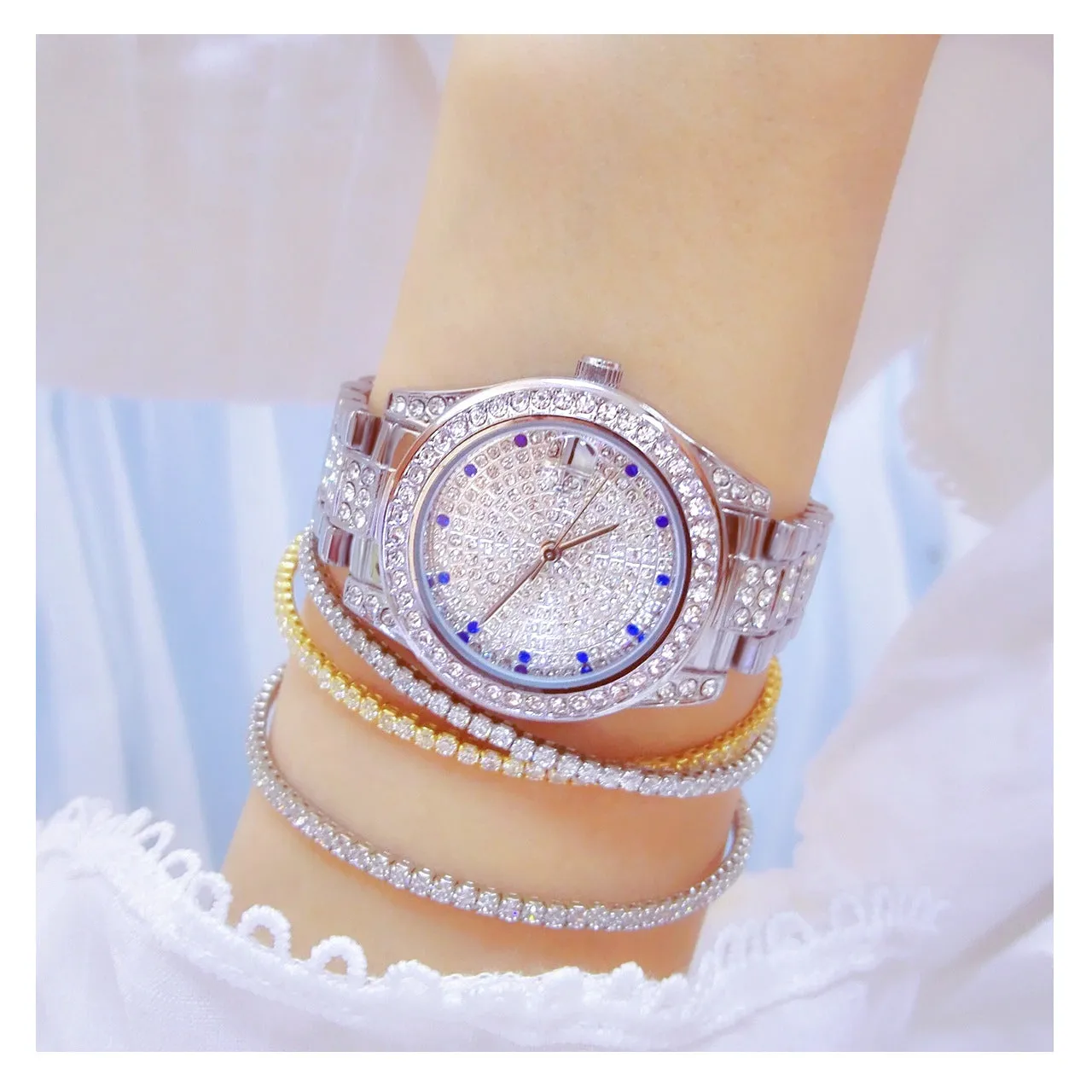 Luxury Women's Crystal Diamonds Decor Stainless Steel Dress Wristwatch