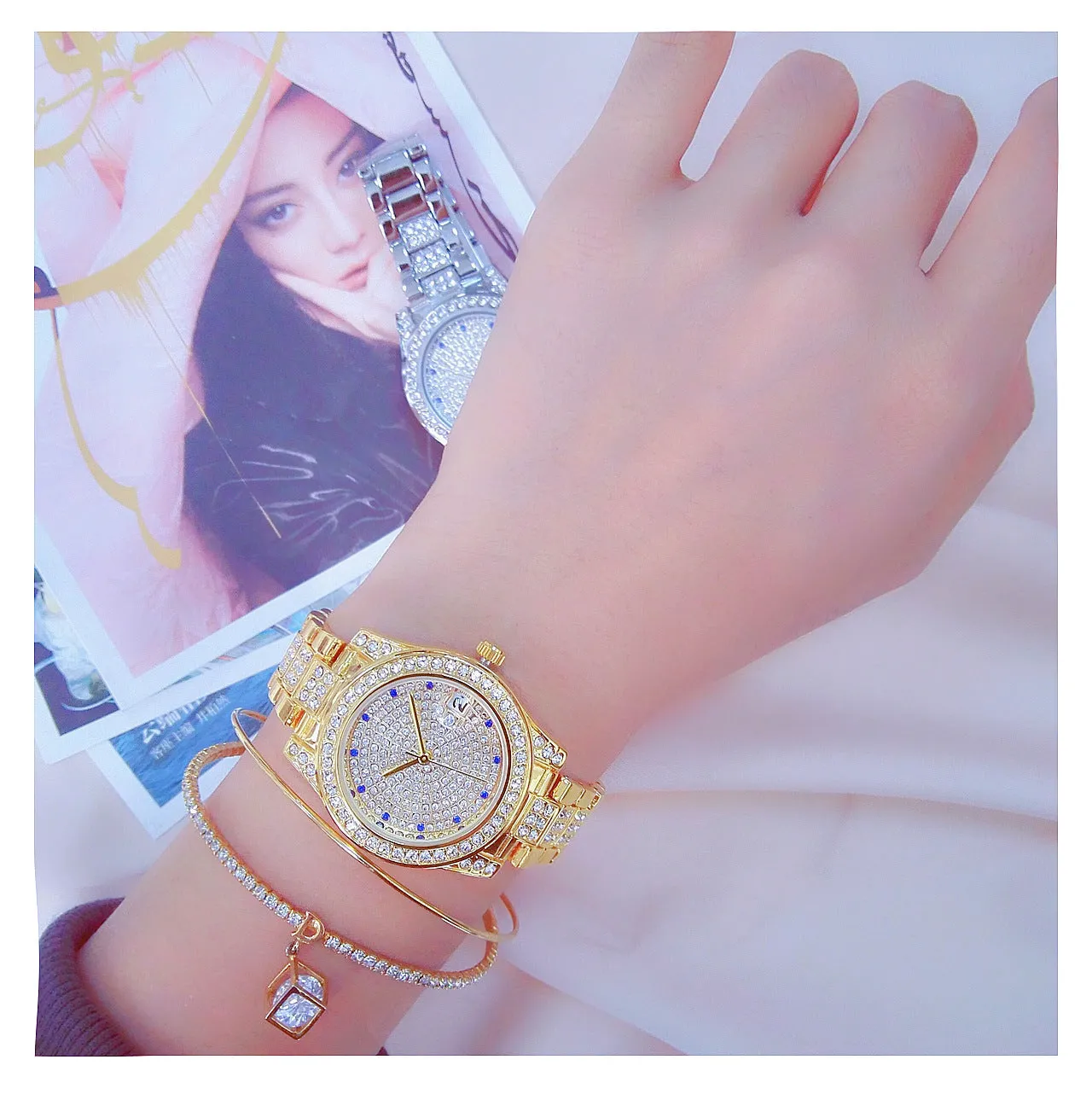 Luxury Women's Crystal Diamonds Decor Stainless Steel Dress Wristwatch