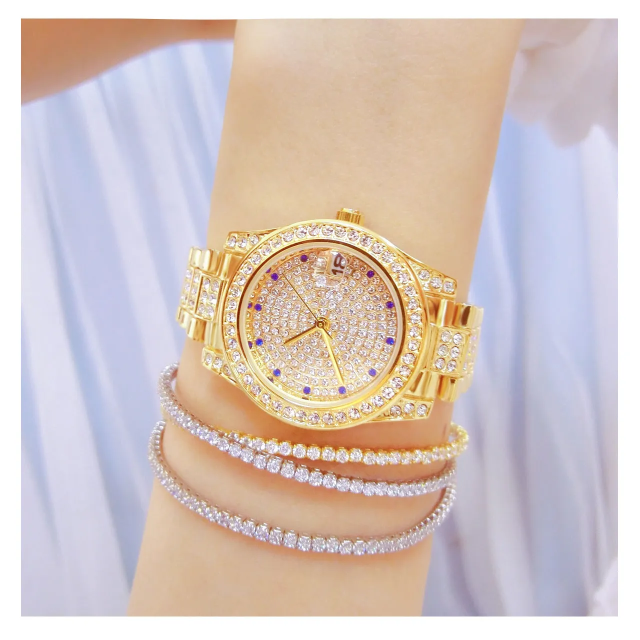 Luxury Women's Crystal Diamonds Decor Stainless Steel Dress Wristwatch