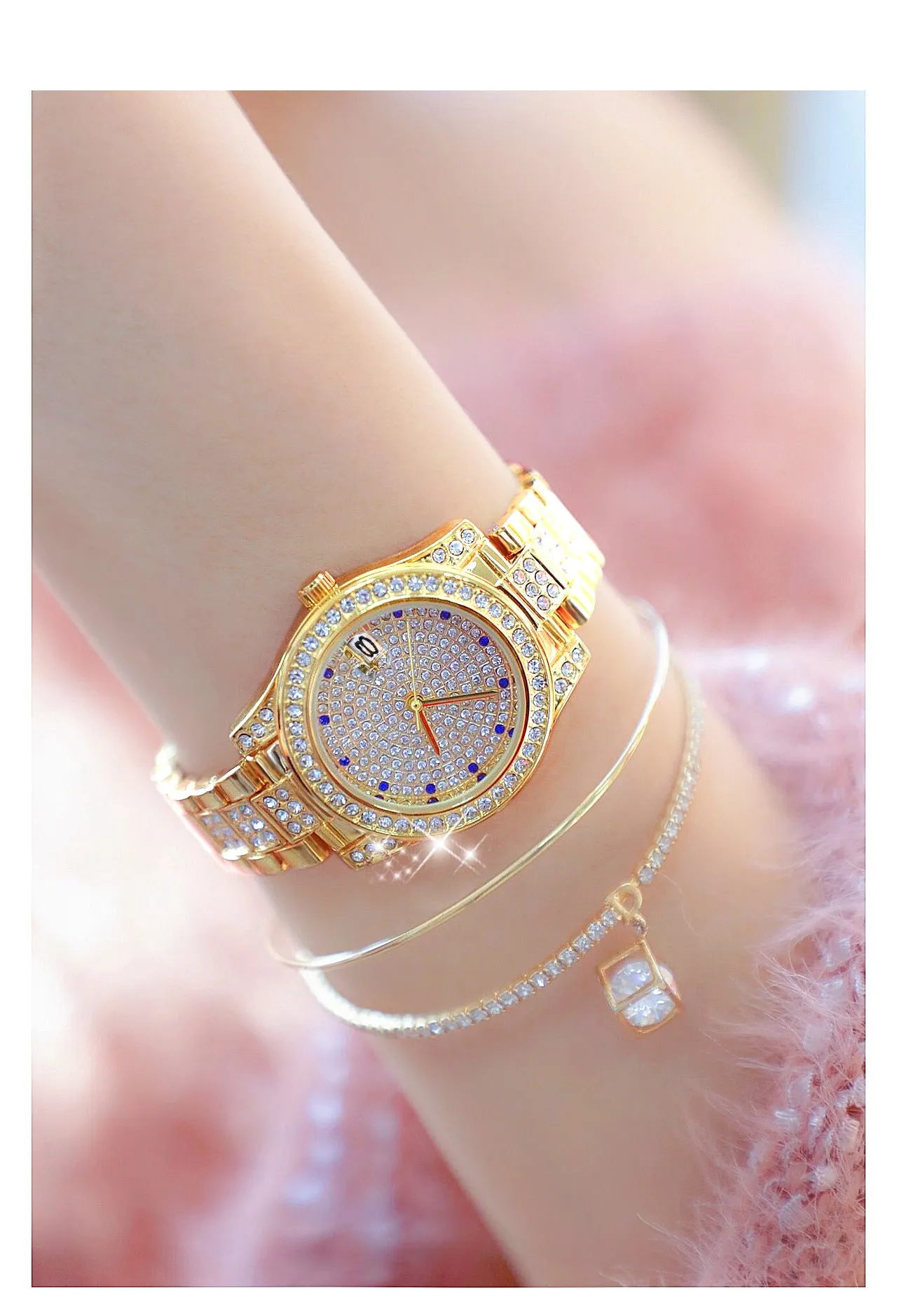 Luxury Women's Crystal Diamonds Decor Stainless Steel Dress Wristwatch