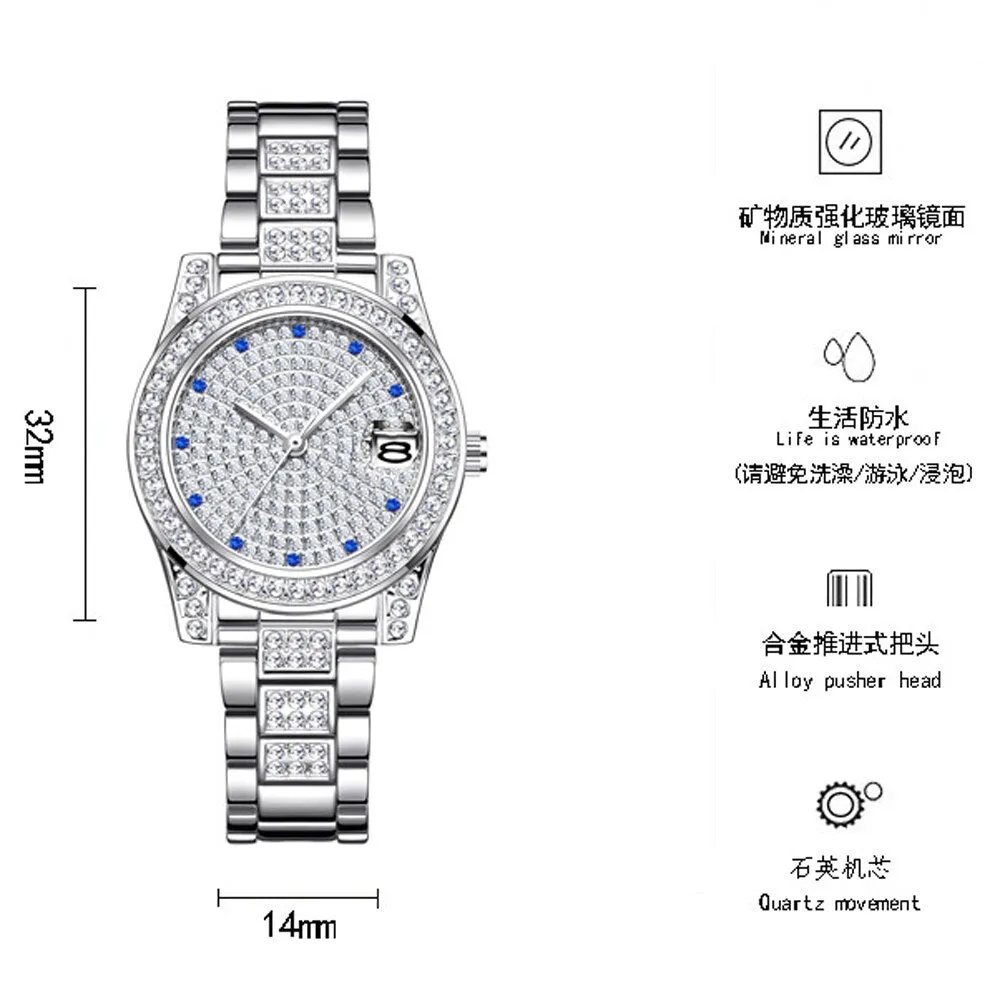 Luxury Women's Crystal Diamonds Decor Stainless Steel Dress Wristwatch