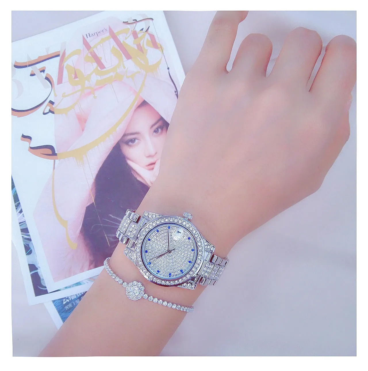 Luxury Women's Crystal Diamonds Decor Stainless Steel Dress Wristwatch