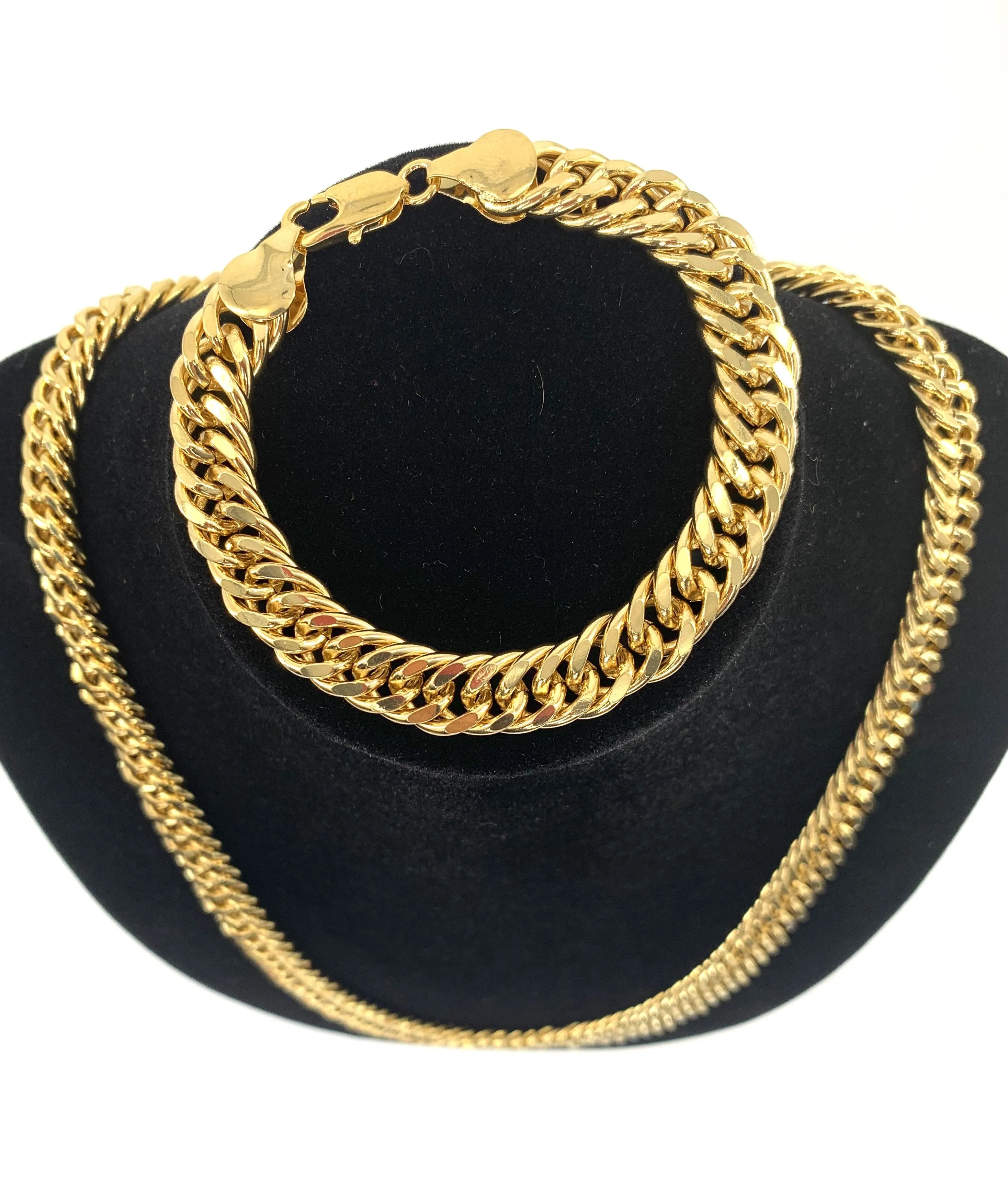 Men’s 18k gold double Miami Cuban link necklace and bracelet set