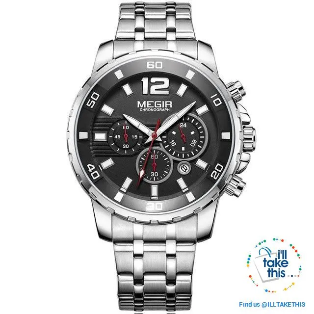 Men's Luxury Business Watches, Stainless Steel Quartz Water-resistant Gold, Silver/White or Black