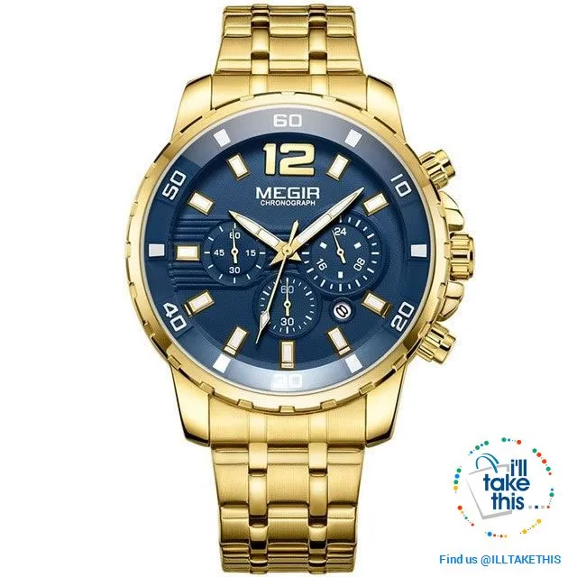 Men's Luxury Business Watches, Stainless Steel Quartz Water-resistant Gold, Silver/White or Black
